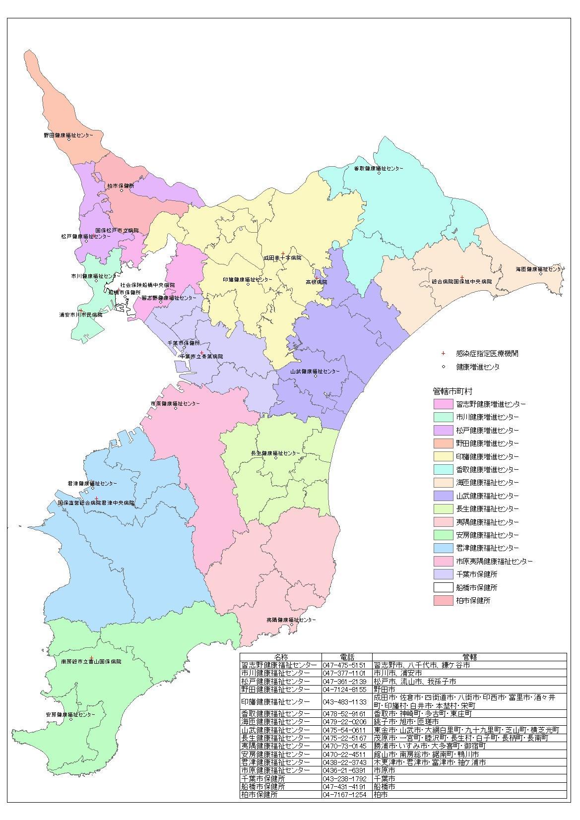 千葉県の健康増進センターの管轄区域図と感染症指定医療機関